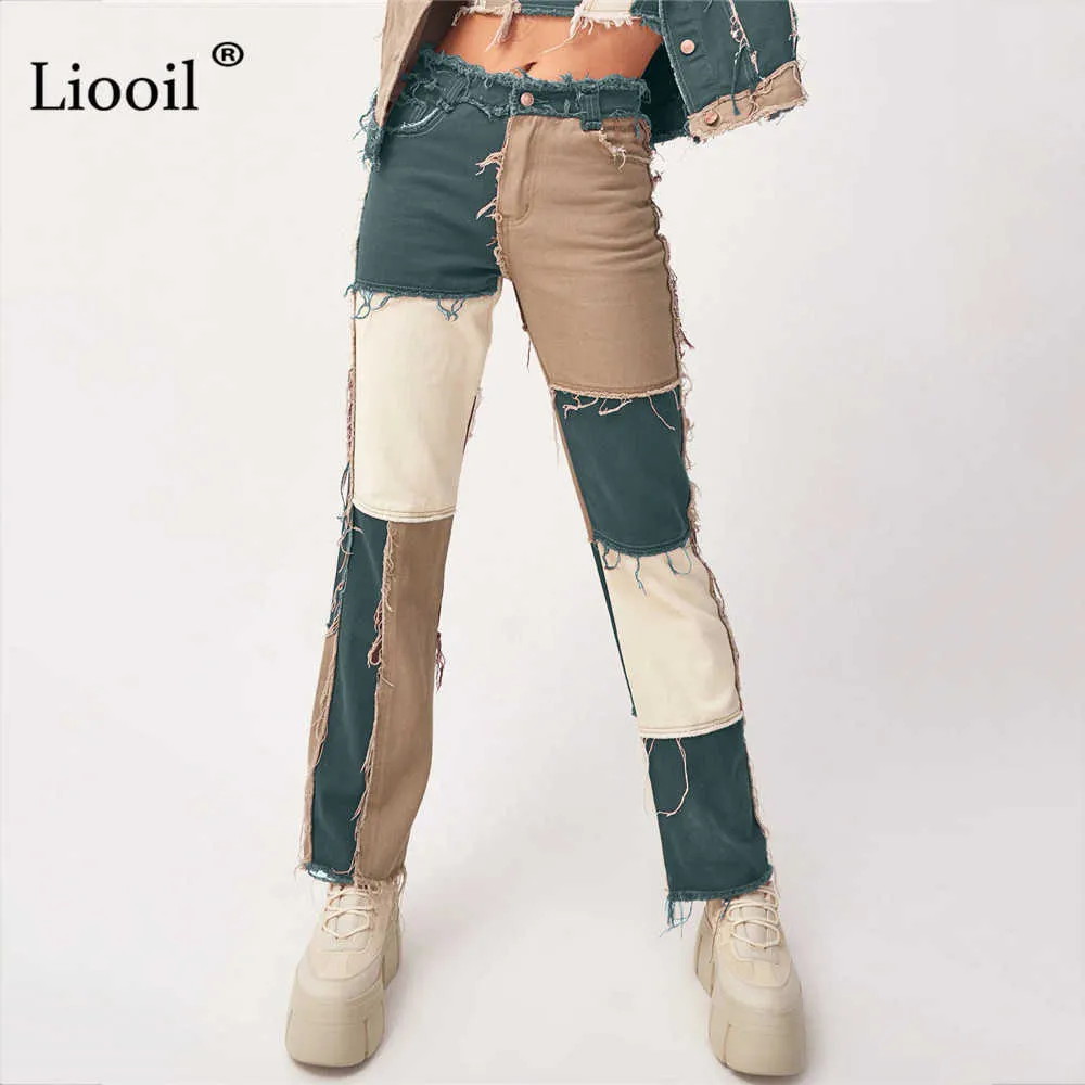 Patchwork High Waist Straight Leg Pants Streetwear Womens Jeans Bottoms Color Block Trousers Sexy Brown Contrast Stitch 210925