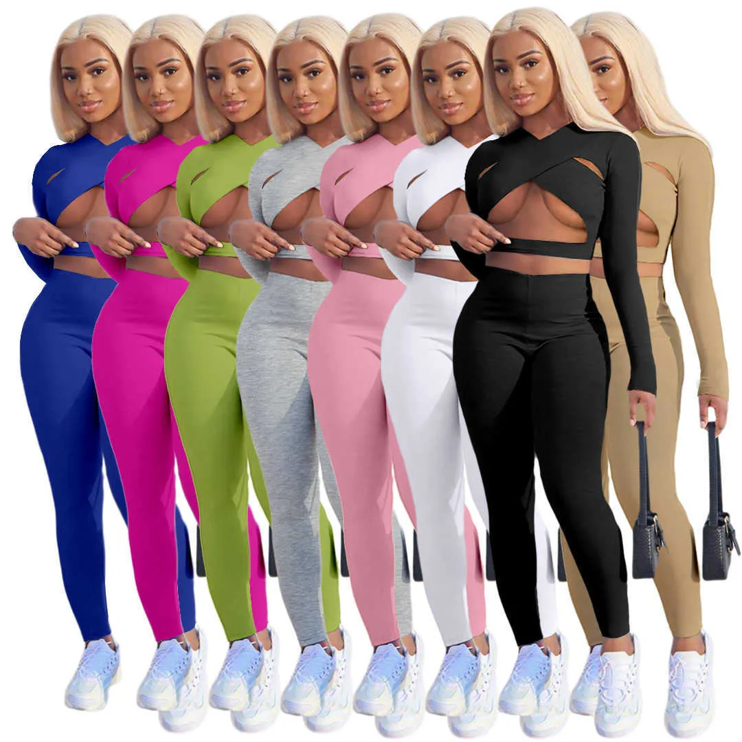 Women Tracksuits Two Pieces Set Deisgner Outfits Slim Sexy Solid Color Cross Cut Pink Outfits Cardigan Long Sleeve Pants Jogger Sets