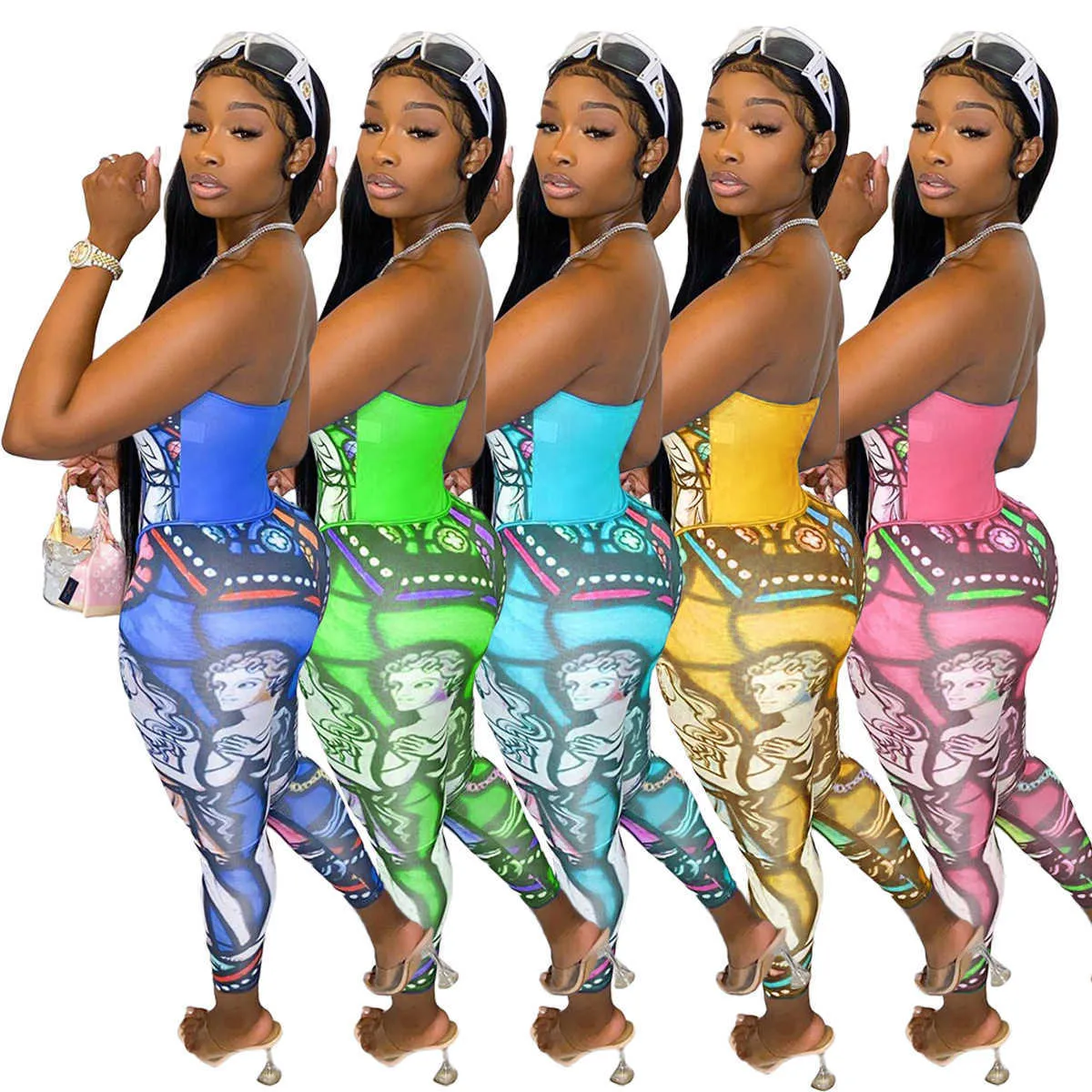 Women Two Piece Pant Tracksuits Designer Oil Painting Element Printing Sexy Breast Wrapped Off Shoulder Pullover Comfortable Clubwear