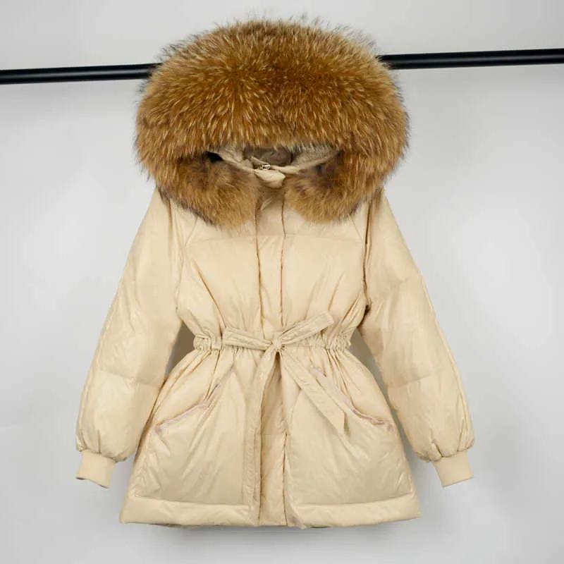 Janveny Winter Parkas femeninas 90% pato blanco abajo chaqueta grande real mapache cuello de piel con capucha cálido abrigo de plumas de mujer Outwear 210916