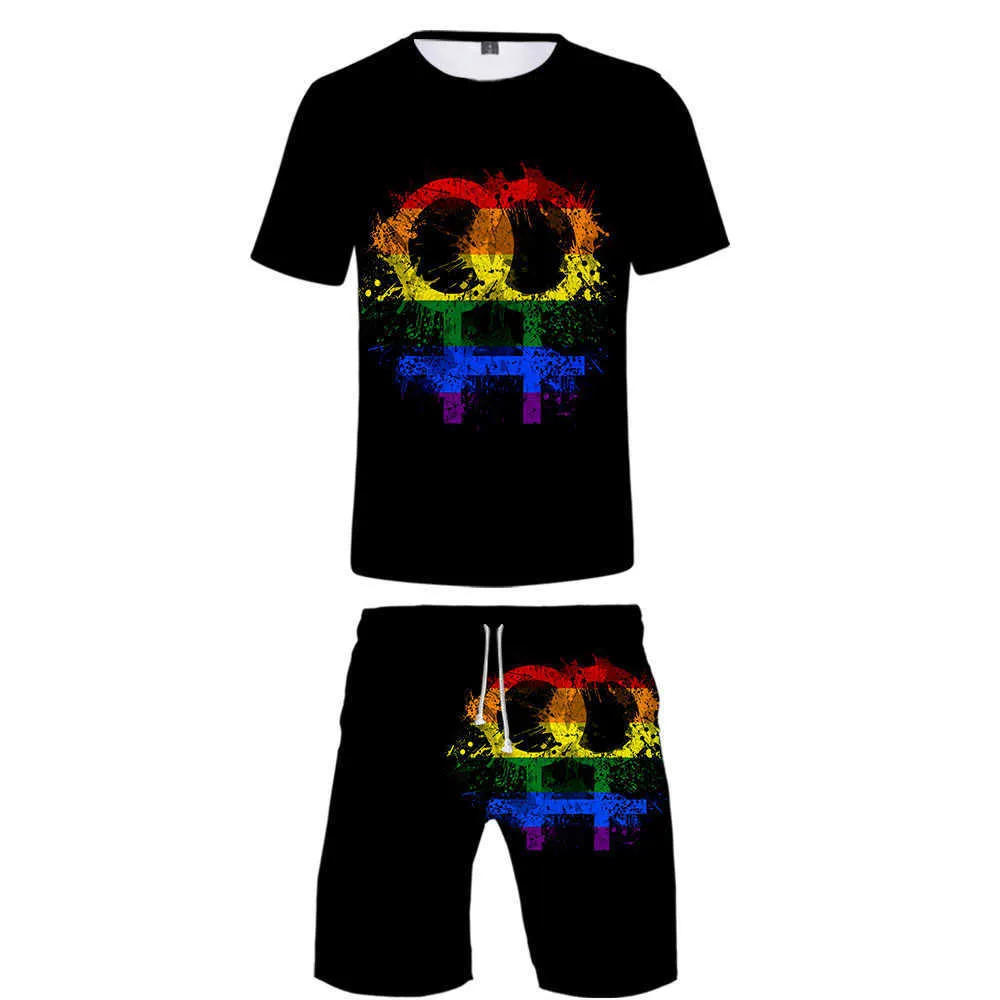 Eşcinsel Aşk Lezbiyen Gökkuşağı Bayrağı Tasarım Elbise LGBT Setleri Yaz Kısa Kollu T-Shirt + Rahat Kurulu Şort erkek LGBT Setleri gömlek X0610