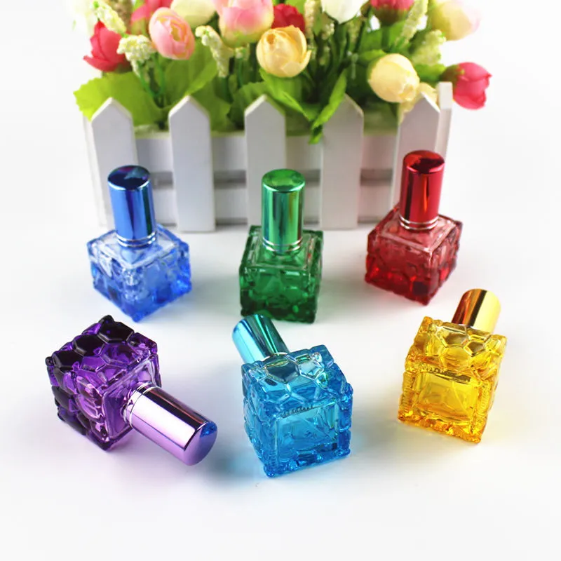 Färgrik fyrkantig glas parfymflaska 10ml liten prov bärbar parfume påfyllbar doftsprayer kosmetisk sprayflaska