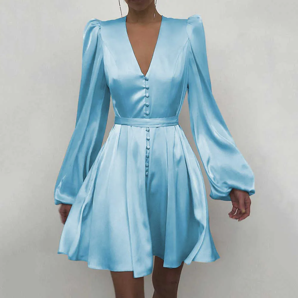 Printemps mode 2021 femmes élégantes Satin solide à manches longues robe bouton une ligne Mini robe décontracté ample col en v robe de soirée Vestido Y0603