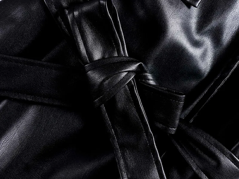 Toppies Moda Siyah Faux Deri Ceket Kadın Düğme Kemerli Coat Bayanlar Dış Giyim Kadın Ceket 211007