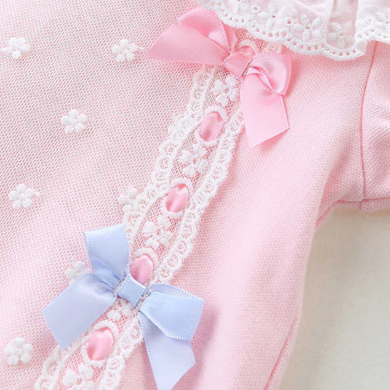 Baby Mädchen koreanischen Stil Strampler geboren Stickerei Strampler Sommer Säugling Baumwolle weiche Kleidung Mädchen Spitze rosa Overall Twin Outfits 210615