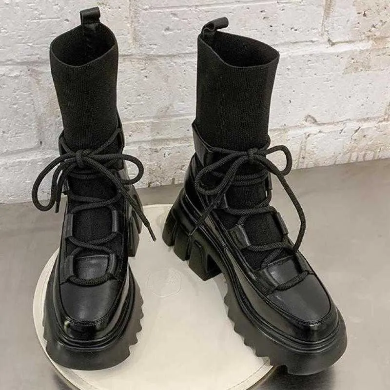 Otoño Invierno botas cortas negras nuevos zapatos de mujer 2020 INS botas de plataforma para mujer tacones gruesos tela elástica Y0910