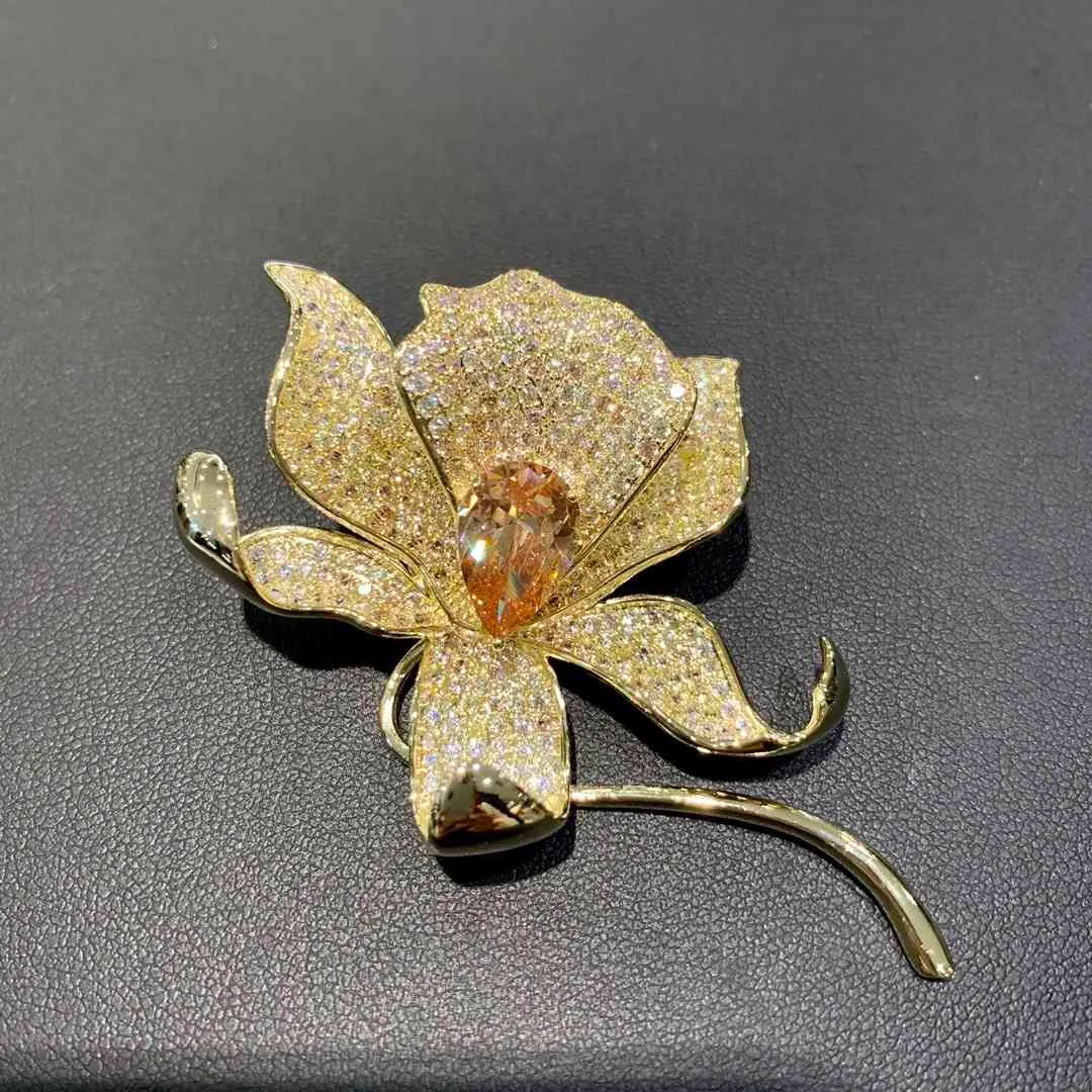 gold color beautiful flower brooch copper with cubic zircon fashion women jewelry for coat & dress 6.7*4CM