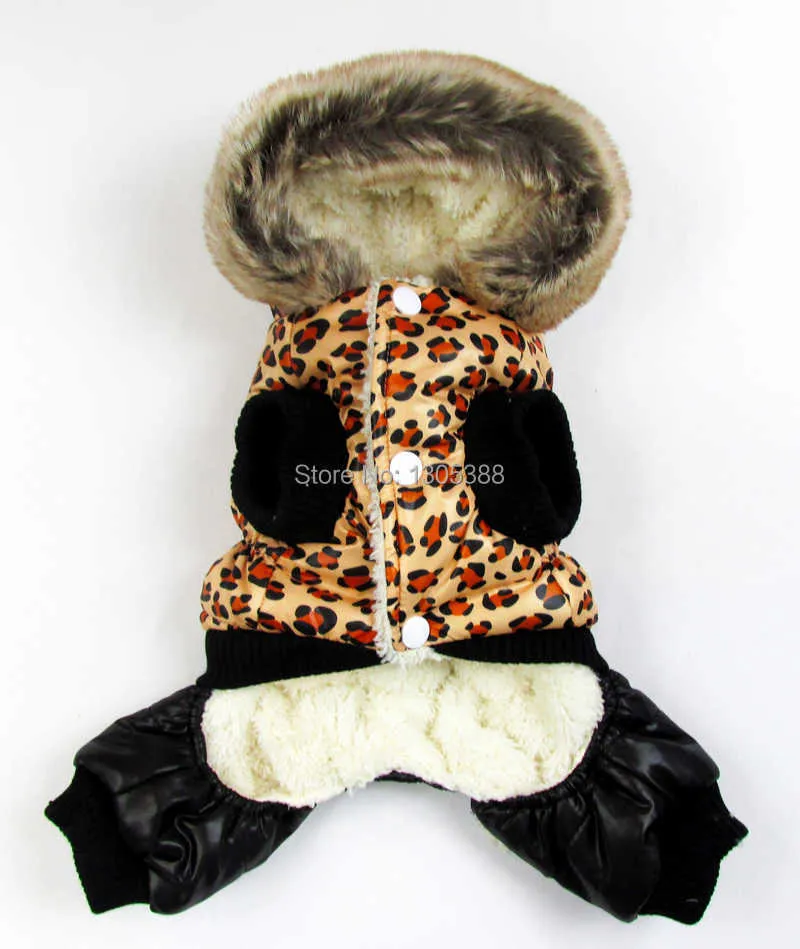 Leoparden-Kleidung für kleine Hunde, Winter-warme Welpen-Haustier-Hundemäntel, wasserdichte Kapuzen-Hundejacke, Overalls, Chihuahua-Yorkie-Kleidung 211007