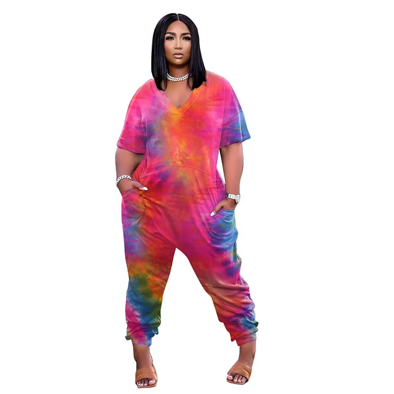 Kvinnors Tie Dye One Piece Rompers Lounge Byxor Kortärmad V-hals Jumpsuit Lös med fickor 4 Färg Välj