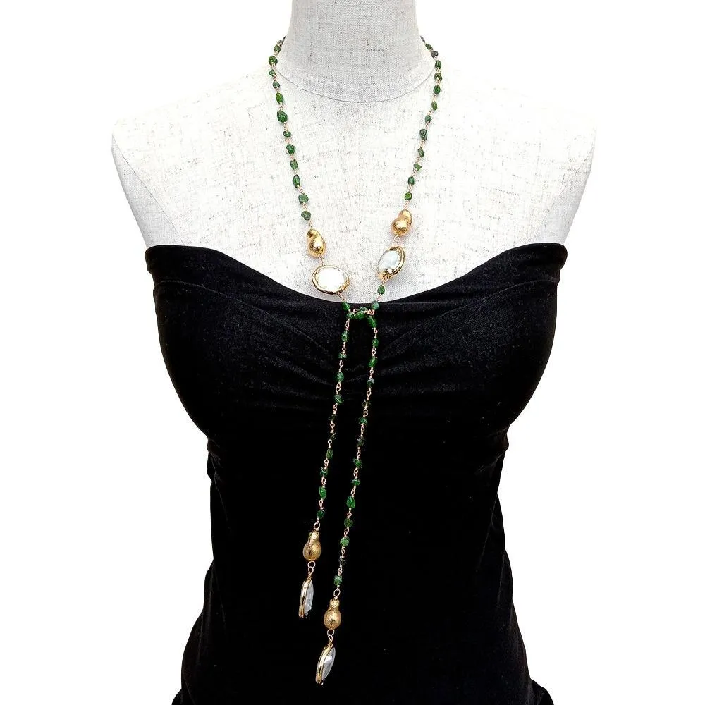 Y ying Natural Green Diopside Kultivierte weiße Münze Perle Langer Pulloverkette Halskette 41 274J3454754
