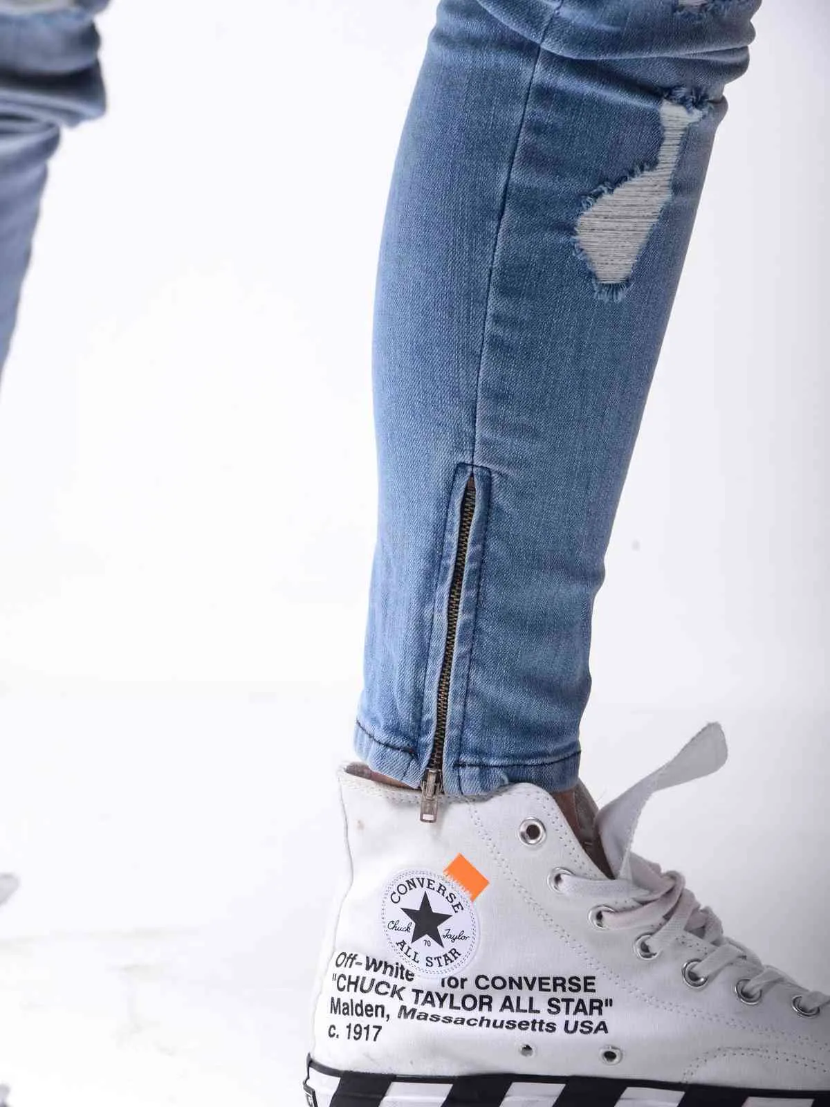 Blue Grey Tight Ripped Jeans Men Slim Foot Zipper Side Stripe Denim Male Stretchy Lace-Up Pencil Pants Street Knee Hole Trousers X0621