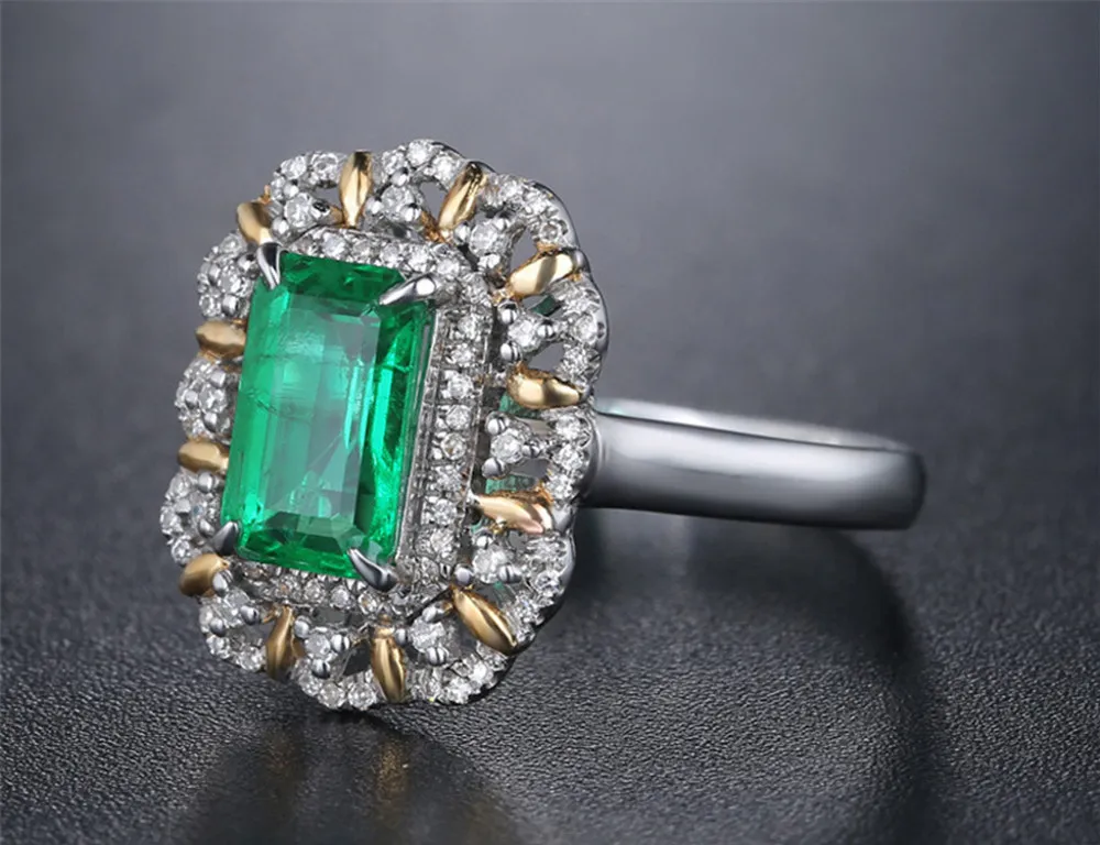 Pietre preziose smeraldo verde quadrato anelli di diamanti le donne oro bianco 18 carati argento colore argent bague gioielli di lusso bijoux regali