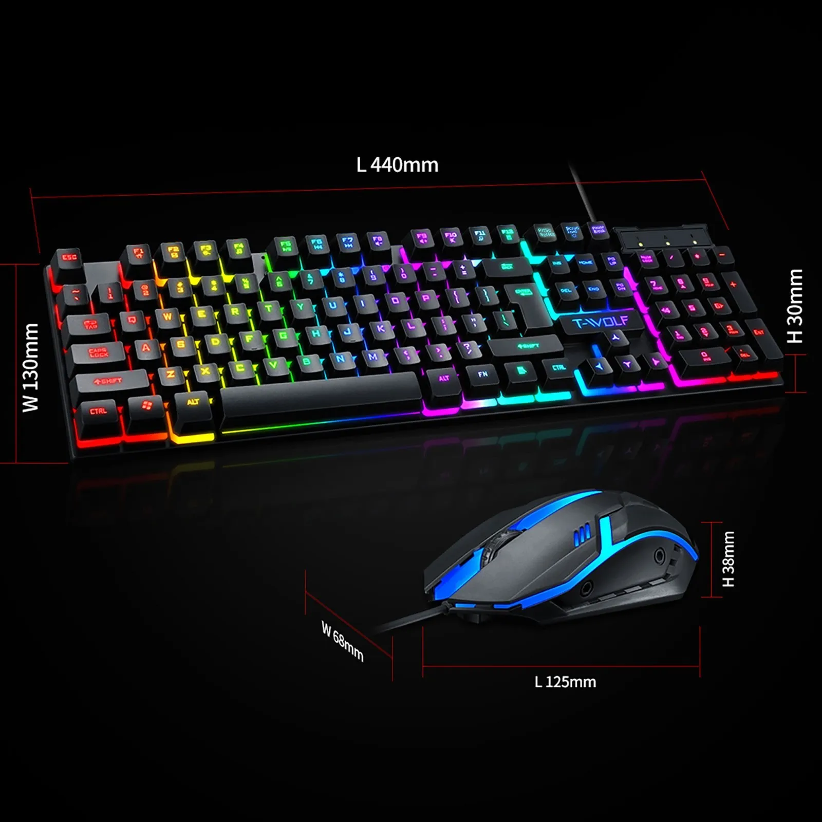 Set Gökkuşağı Arka Işık USB 2400 DPI Gaming 104key Kablolu Klavye Mouse Gamer Laptop PC Oyunları