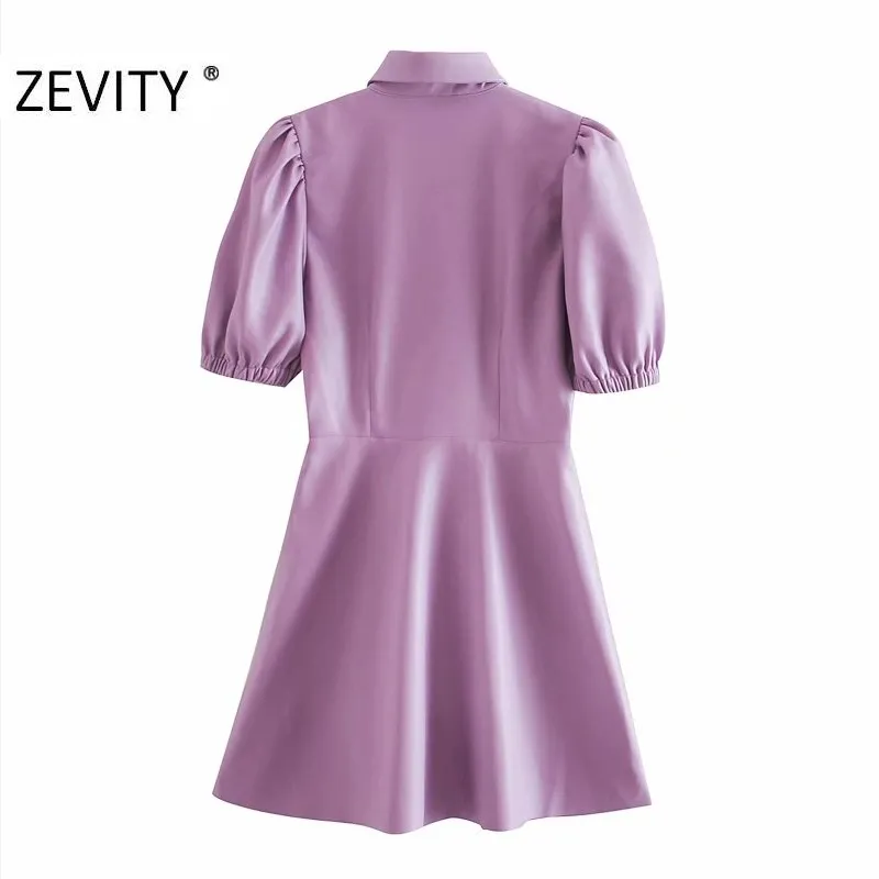 Zevidade mulheres vintage cor sólida plissada manga sopro uma linha de camisa senhoras pu couro pu vestidos chinês marca slim vestidos ds4515 210309