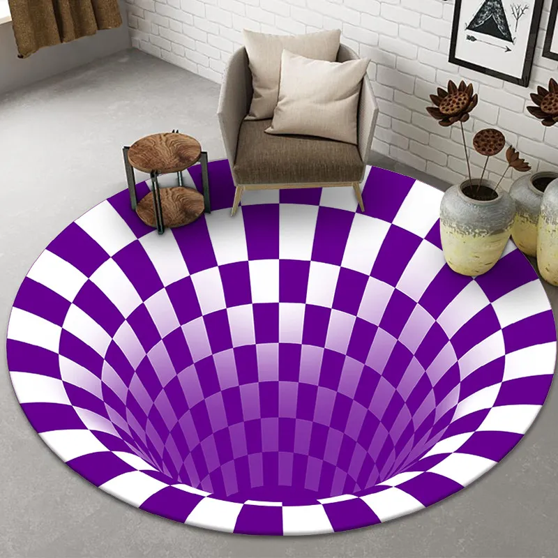 Halloween Tapis Rond Piège 3D Stéréo Noir et Blanc Géométrique Illusion Tapis Salon Chambre Tapis