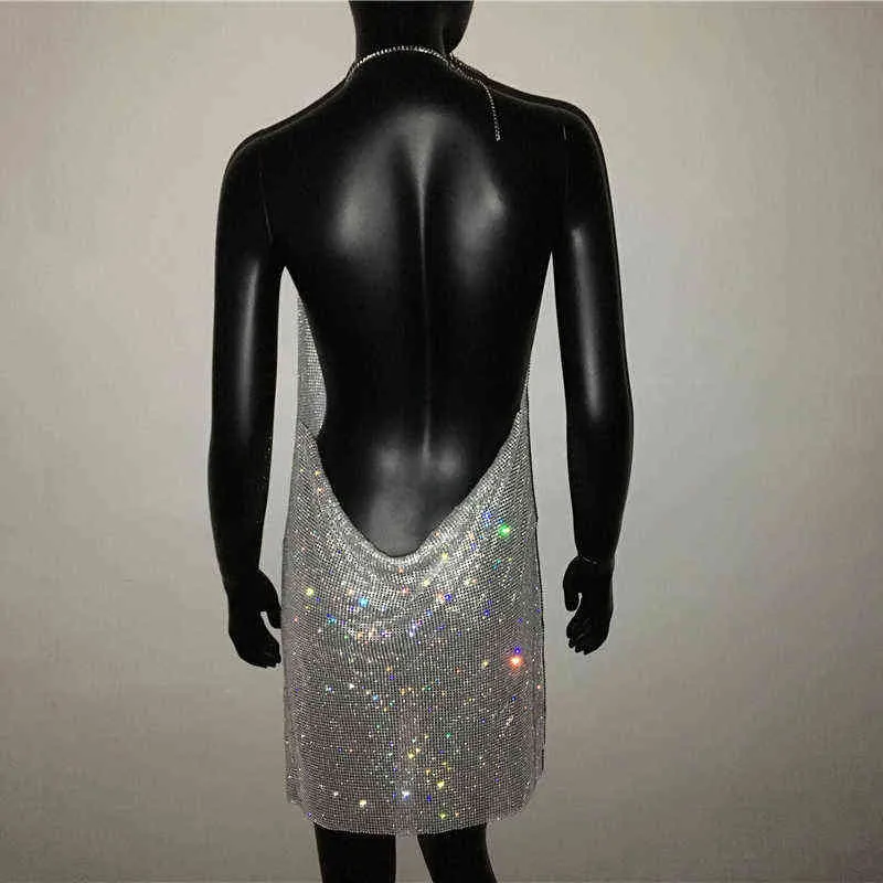 Sexy Cristal Mesh Paillettes Discothèque Robe Femmes Dos Nu Fente En Métal Tissu Strass Party Club Mini Robes pour Dame 211206