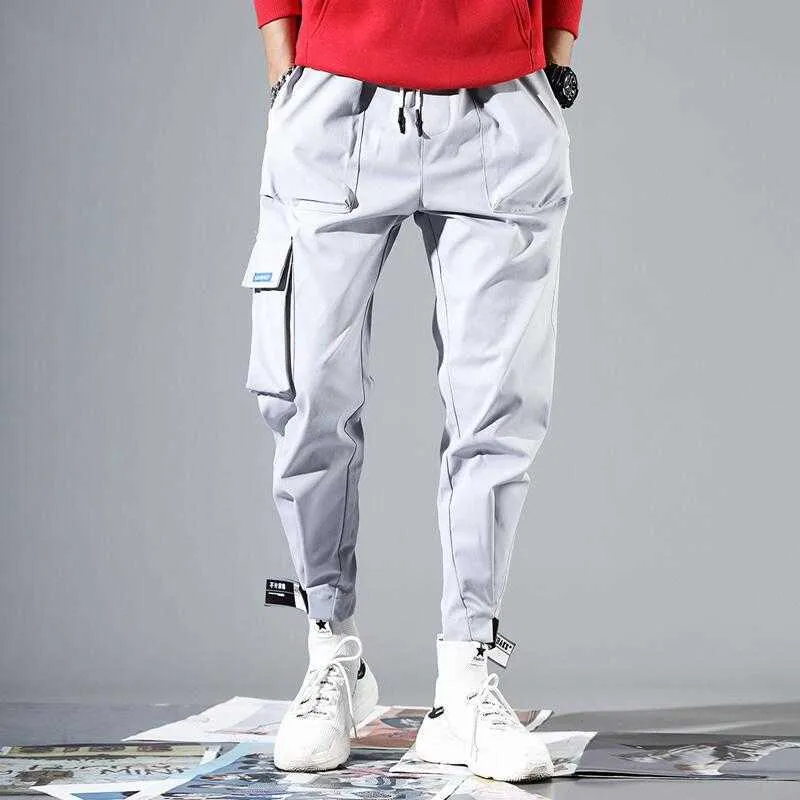 2021 Uomini Multi-tasca Elastico In Vita Design Harem Pant Street Punk Hip Hop Rosso Pantaloni Casual Jogging Maschio Army Cargo pantaloni XXXL X0723