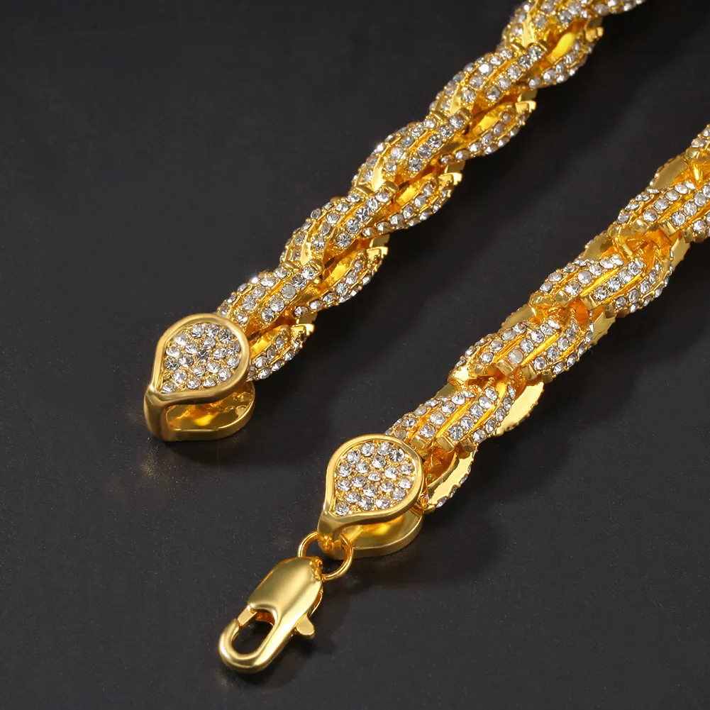 Joyería de Hip Hop Collar de cadena dorada con punta helada de 9 mm Diamante chapado en oro Joyería de moda con diamantes de imitación Cadena de 18 a 24 pulgadas 344s