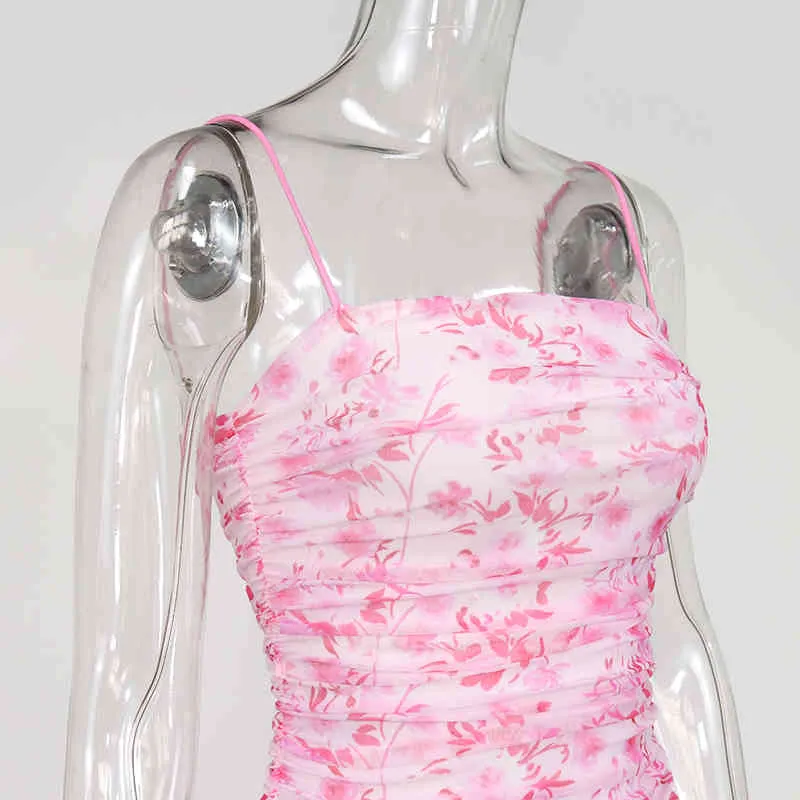 Colysmo Mesh Party Dress Kobiety Ruched Slim Fit Bodycon Mini Dress Różowy Summer Club Nosić Backless Floral Print Sexy Dresses 2020 X0521