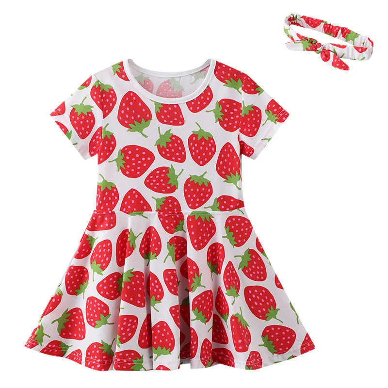 Hoppmätare sommar prinsessa tjejer klänningar med huvud rep bomull jordgubbe print mode kortärmad kostym barn fest 210529