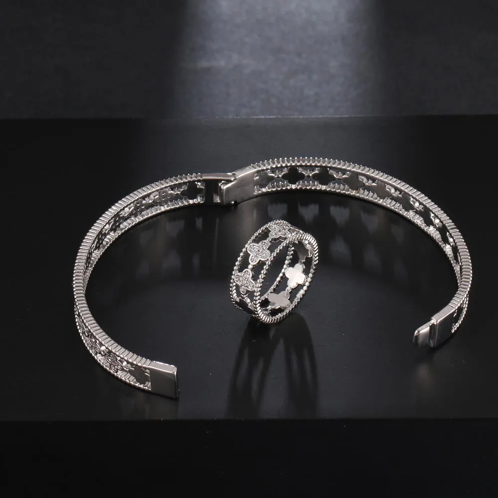 HONGHONG, moda clásica, anillos de brazalete de circonio 3A, conjuntos de 2 uds para mujeres, pulseras de flores de alta calidad, conjuntos de joyería de moda