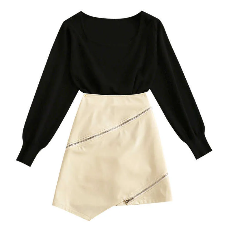DEAT Women Black Round Neck Top Asymmetrical Leather Skirt Short Two Piece Set Temperament Fashion Spring Summer 210709