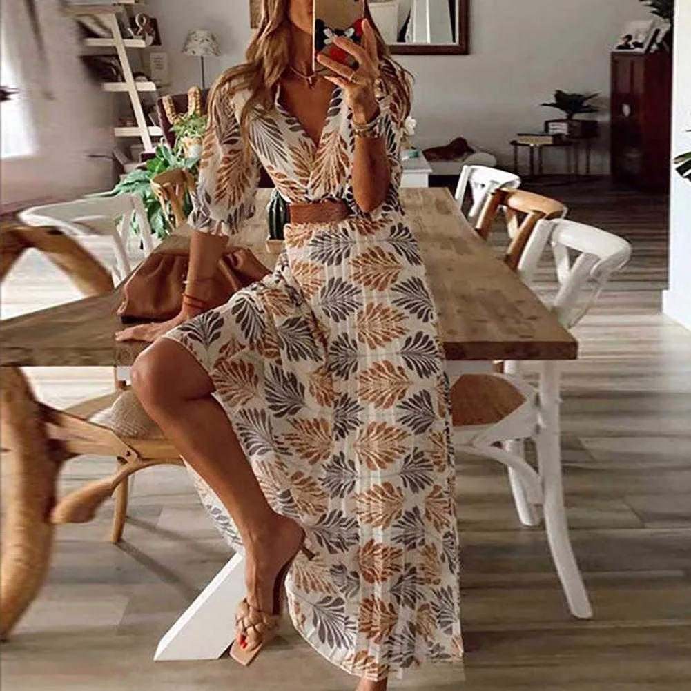 Summer Beach Femmes Casual Bohemian Sleeve à manches courtes Lâche Taille haute Robe d'impression Bohemian Style, impression, Design plissé, ceinture comprend x0705