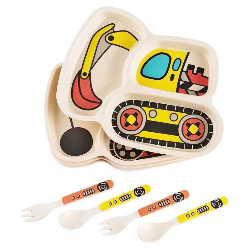 Moteody Baby Dinnerware Anti-Palha Treinamento Placa Cartoon Car Dos Desenhos Animados Crianças Pratos Tigela + Colher Alimentação Alimentar 211026