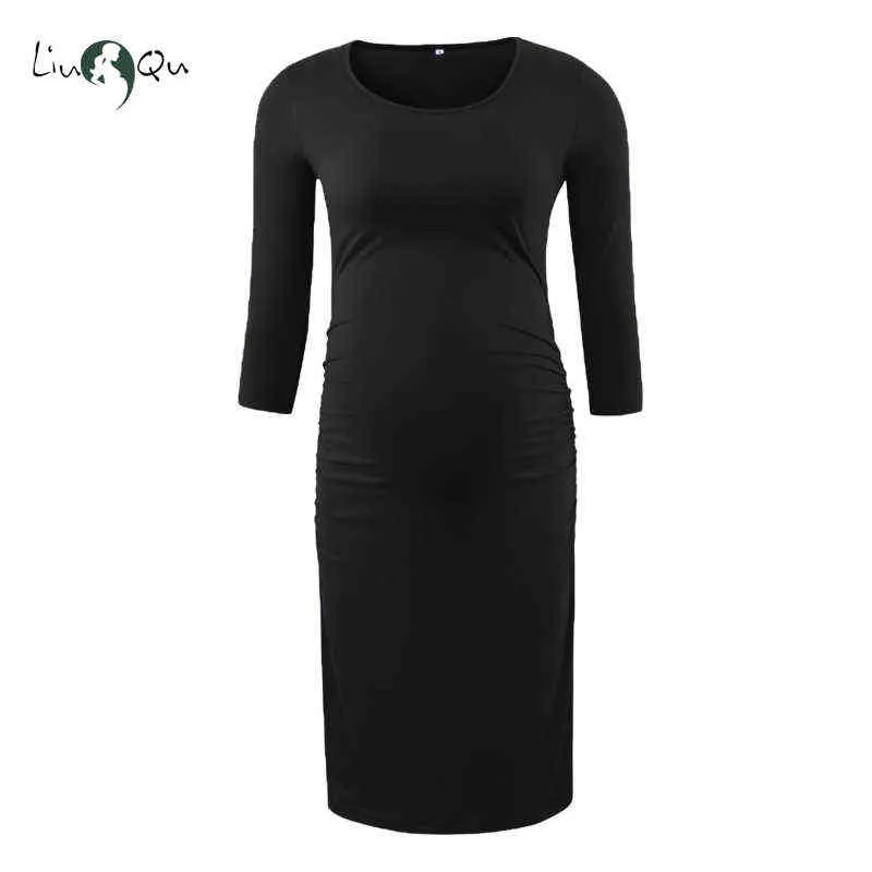 Liu Qu mulher ''s Maternidade Ruched Side Dress Gravidez Três quartos Manga Mama Roupas Casual Barco Pescoço Envoltório Vestidos G220309