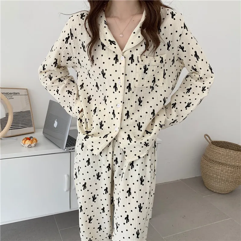 Doux tout match haute qualité points vêtements de nuit lâche été doux Homewear Chic décontracté coton mode pyjamas ensembles 210525