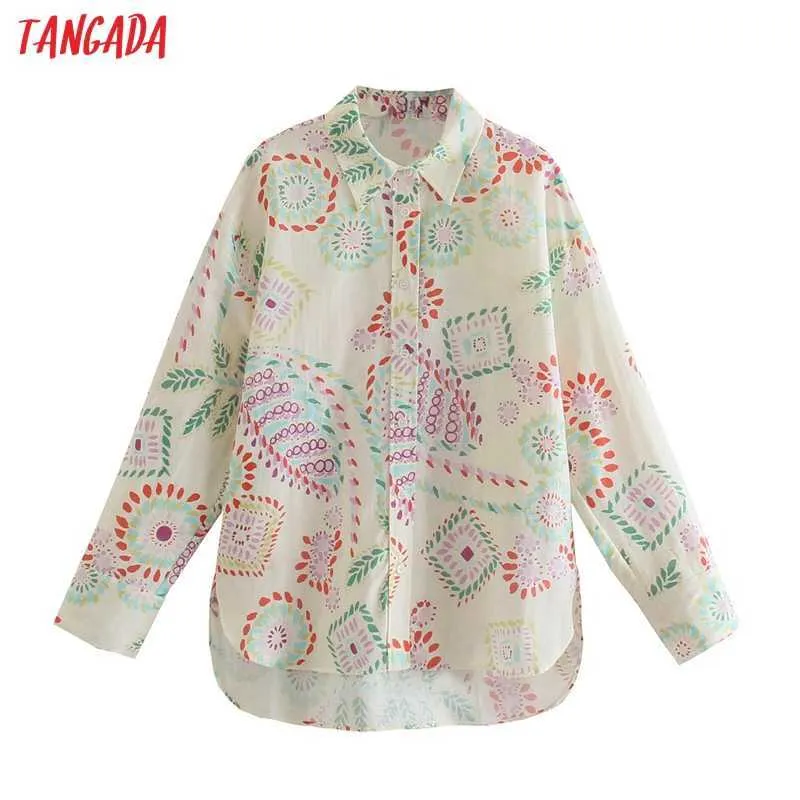 Tangada, camisa de manga larga con estampado de flores Retro para mujer, blusa de playa elegante para mujer, Tops 5Z114 210609