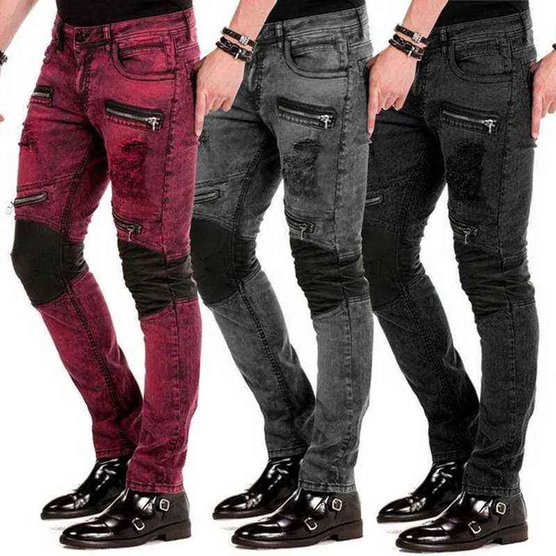 Männer Jeans Stretchy Skinny Gefälschte Reißverschlüsse Zerstört Patchwork Gothic Stil Mode Denim Hosen Casual Streetwear Biker 211108