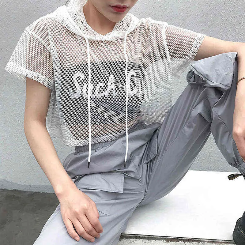 Korte Mouw T-shirt Dames Mesh Top Hooded Holle uitgehold Sexy Punk Rock Short Crop Top White T-shirt Fishnet Black G220228