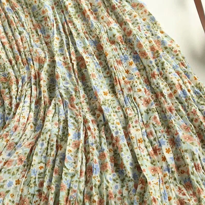 Boho Green Floral Print Rayon Wrinkle Long Skirt Holiday 여성 탄성 높은 허리 Ruched Pleated Swing Skirts Beach 210315