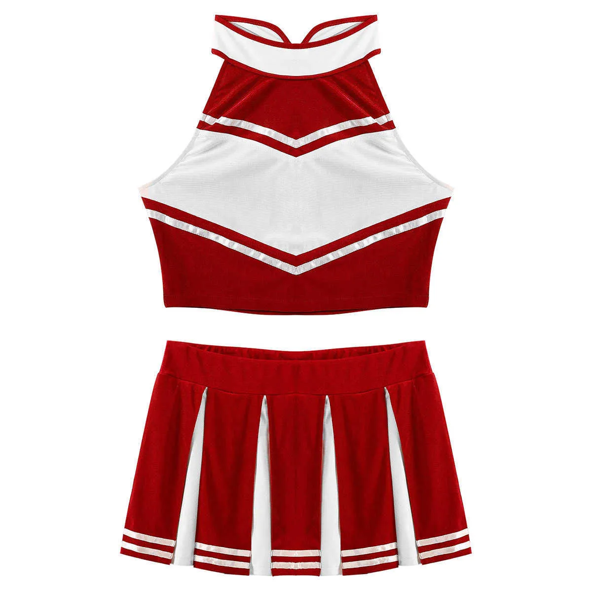 Vrouwen volwassenen school meisjes outfits cheerleader sexy kostuum sets uniform outfit mouwloze oogst top met mini geplooide rok x0626