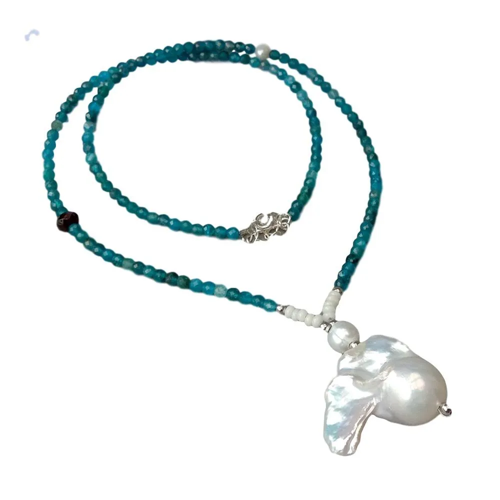 YYGEM Natural Blue Apatite faceted round choker Necklace Cultured White Keshi Pearl Pendant for women