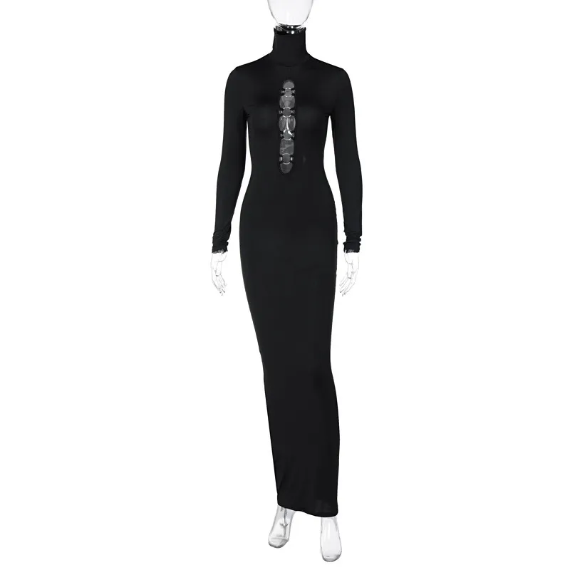 Z długim rękawem Solid Turtleneck Hollow Out Cekinowa Maxi Sukienka Jesień Zima Kobiety Moda Sexy Party Vestidos Club Odzież 210525