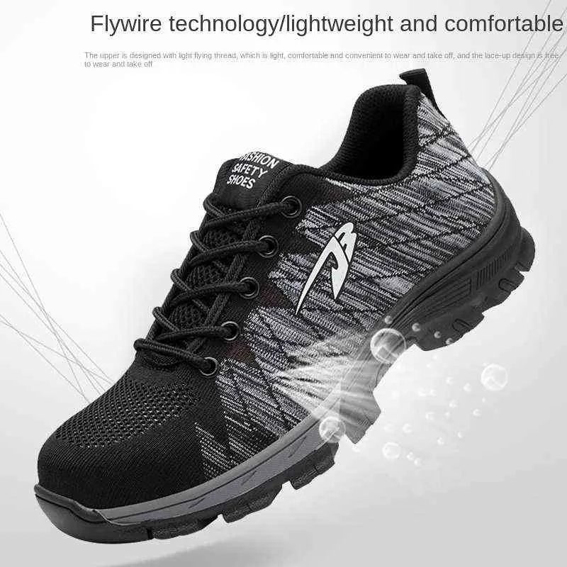 Steel Toe Shoes Flying Woven Breathable Anti-smashing Anti-piercing Work Four Seasons Safety Hiking Protective 211217