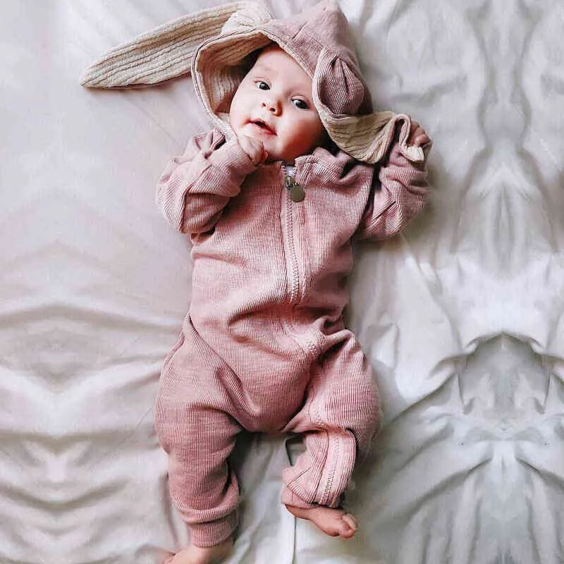Vår höst baby rompers söt tecknad kanin spädbarn flicka pojke jumpers barn kläder kläder overall påsk kostym 211101