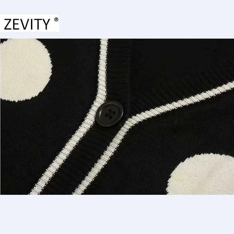 Zevity Women Vintage VネックPolkaドットプリントブレストニットセーター女性シック秋カジュアルスリムカーディガントップスS443 210603