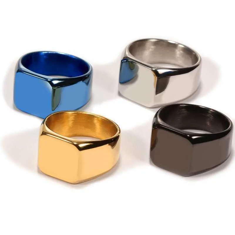 Fashion Men's Simple Personality Titanium Steel Domineering Large Seal Ring Male Ring Full Smooth Square Solid X0715