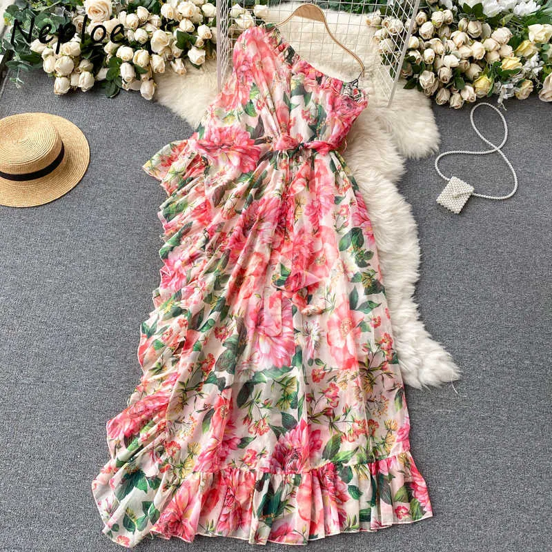 Neploe Yaz Tatil Bohemian Baskı Uzun Elbise Kadınlar Yüksek Bel Kalça Bir Çizgi Vestidos Slash Boyun Omuz Straplez Robe Slim 210630