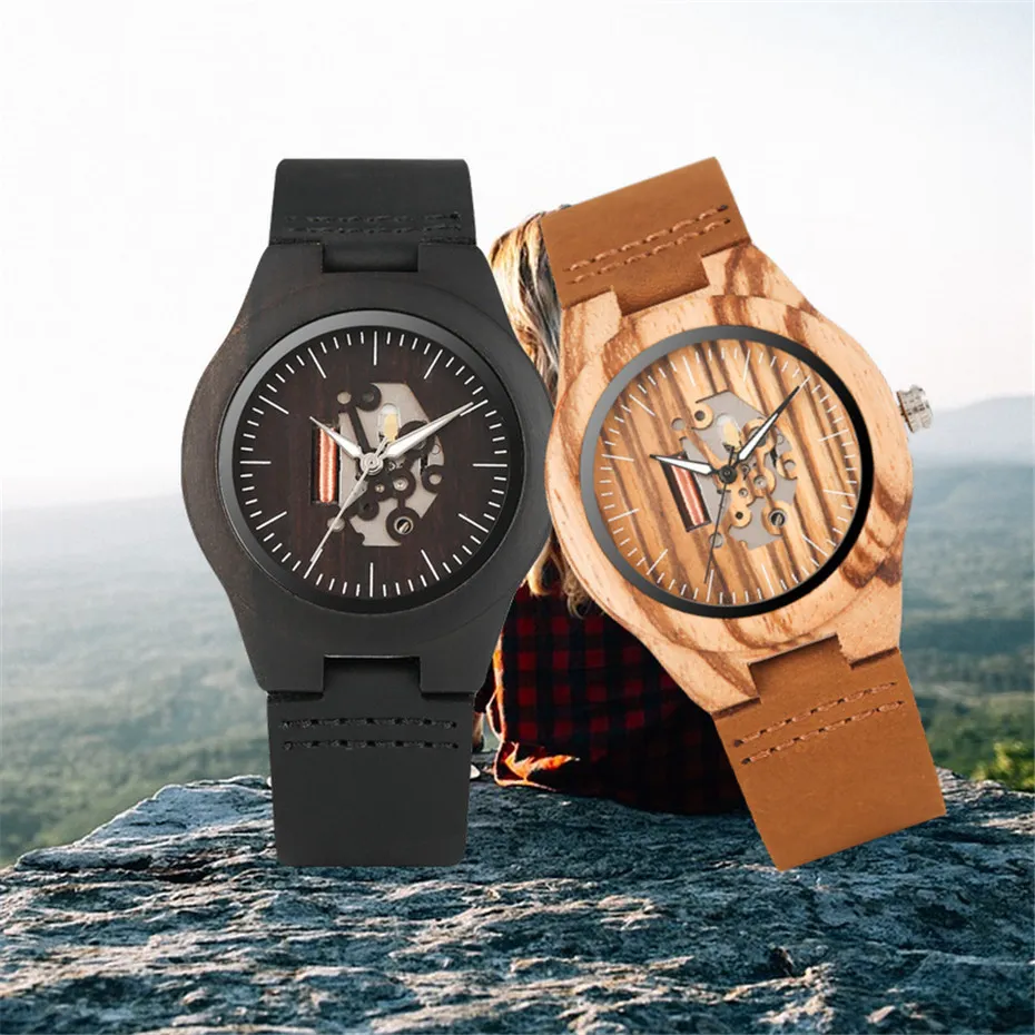 Orologio da donna in legno Orologio creativo con quadrante vuoto Orologi in legno Movimento al quarzo Orologio da polso da donna in vera pelle nero/marrone Regali 2019