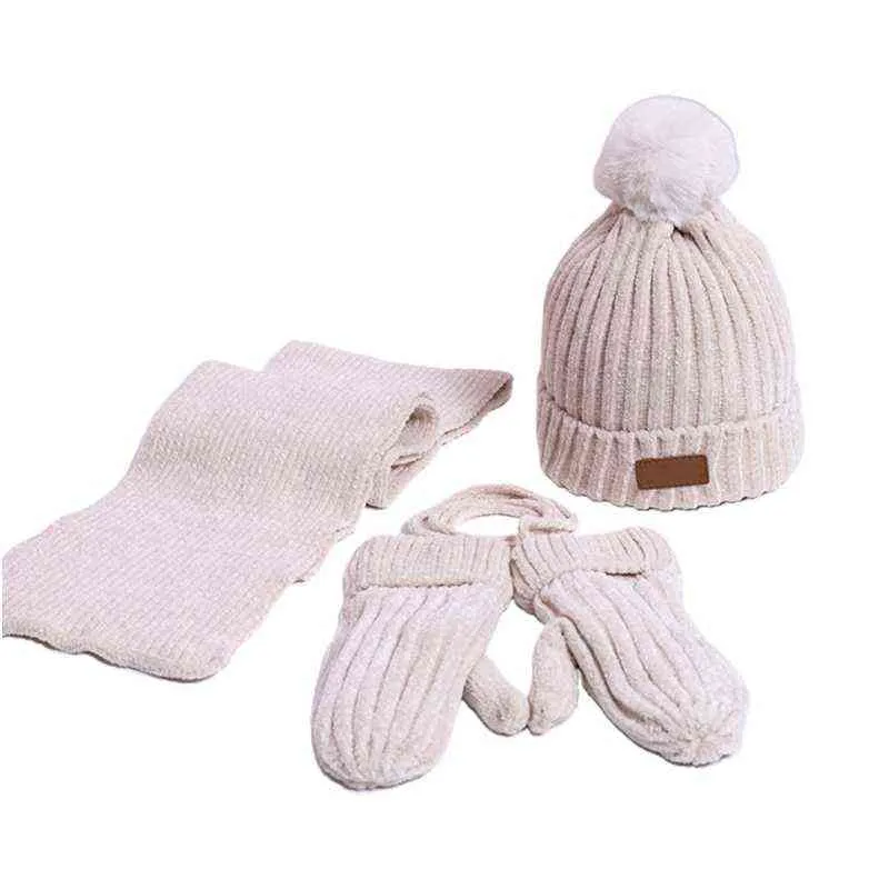 Enfants 3 pièces hiver chaud bonnet chapeau longue écharpe gants ensemble Chenille velours tricot peluche doublé couleur unie pompon crâne casquette