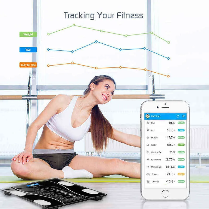 Badkamer Vloer Body Scales Draadloze Bluetooth-schaal Smart Digital Gewichtsschaal BMI Body Samenstelling Analyzer H1229