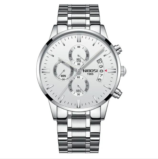 Nibosi Brand Quartz Chronograph Luxury Mens Watches rostfritt stål Band Watch Luminous Date Life Waterproof Wristwatches Casual S252L