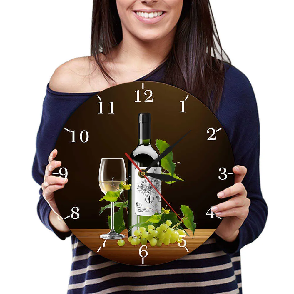 Red and White Wine Winery Drunkery Sign Modern Kitchen Wall Clock Bottles & Wineglasses With Grapes Home Bar Tavern Wall Clock 210930