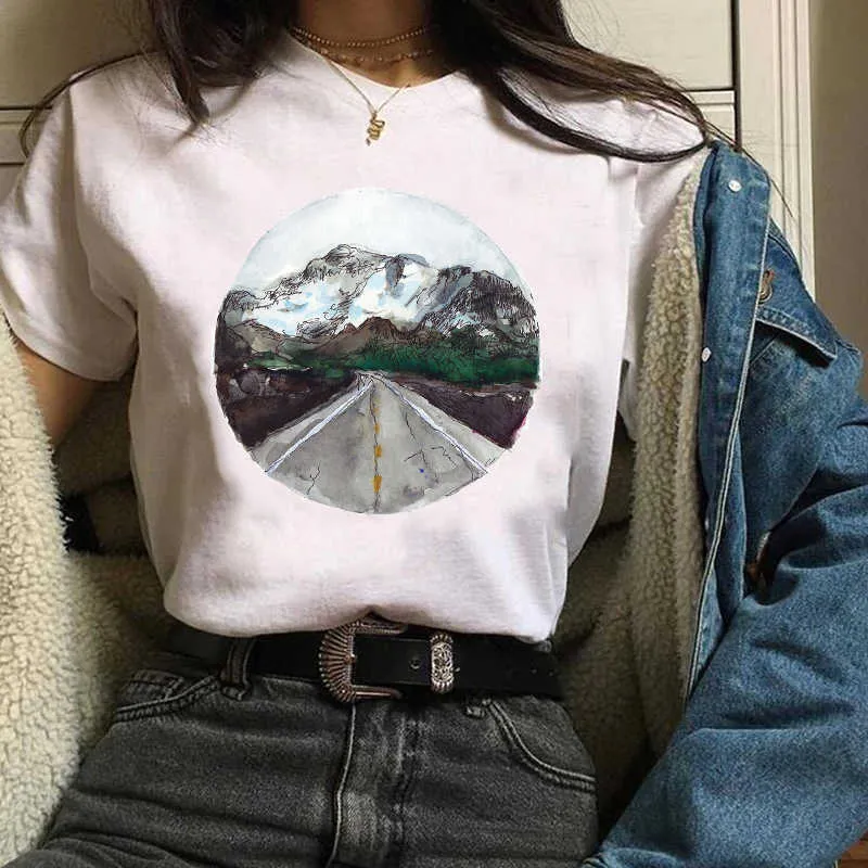 Kvinnor T Shirt Kvinnor Grafisk tecknad Mountain Modeutskrift Gullig Mujer Camisetas Skriv ut Kläder Lame Tees Toppar Kvinna T-shirt x0527