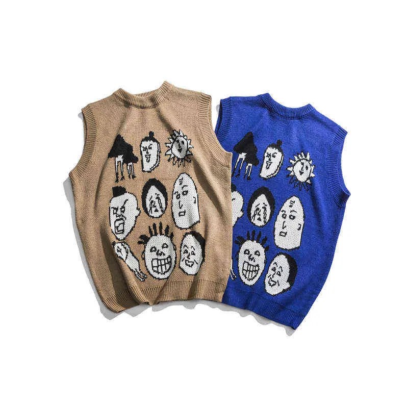 Japanse Harajuku gebreide grafische vest voor mannen en vrouwen stedelijke streetwear brei ukiyo-e pullover trui vest plus maat 211215