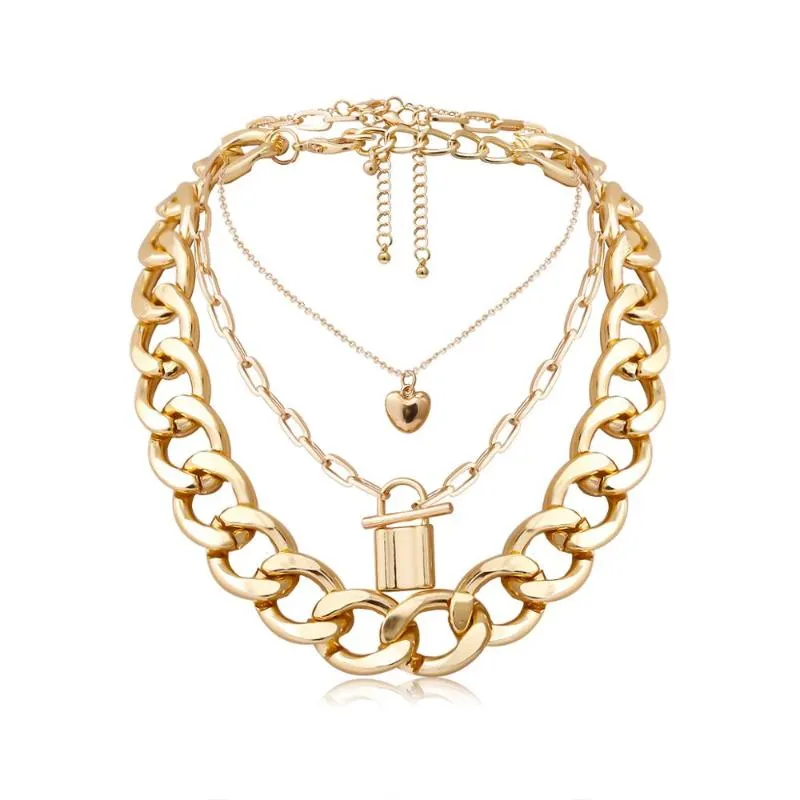 Hanger Kettingen SHIXIN 3 stks Hiphop Hart Slot Ketting Voor Vrouwen Punk Gelaagde Dikke Cubaanse Link Chain Choker Op De Hals Jewelry253S